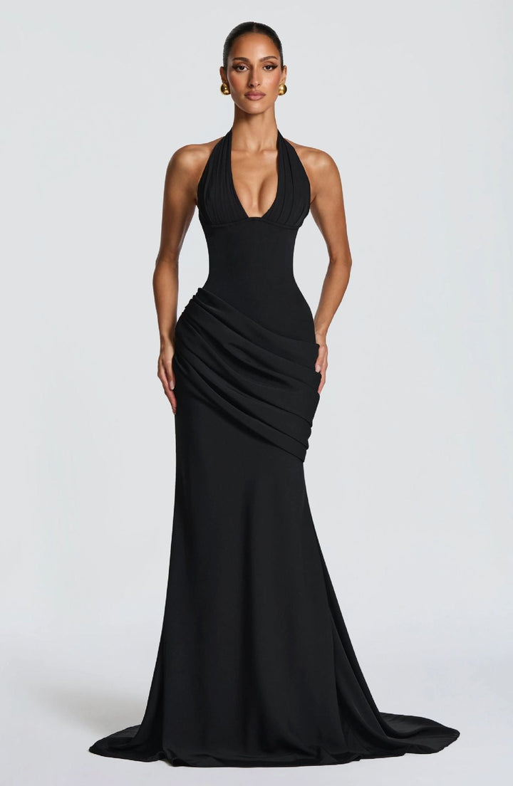Erin maxi dress with an open back, a back tie for a fitted waist, and a pleated design