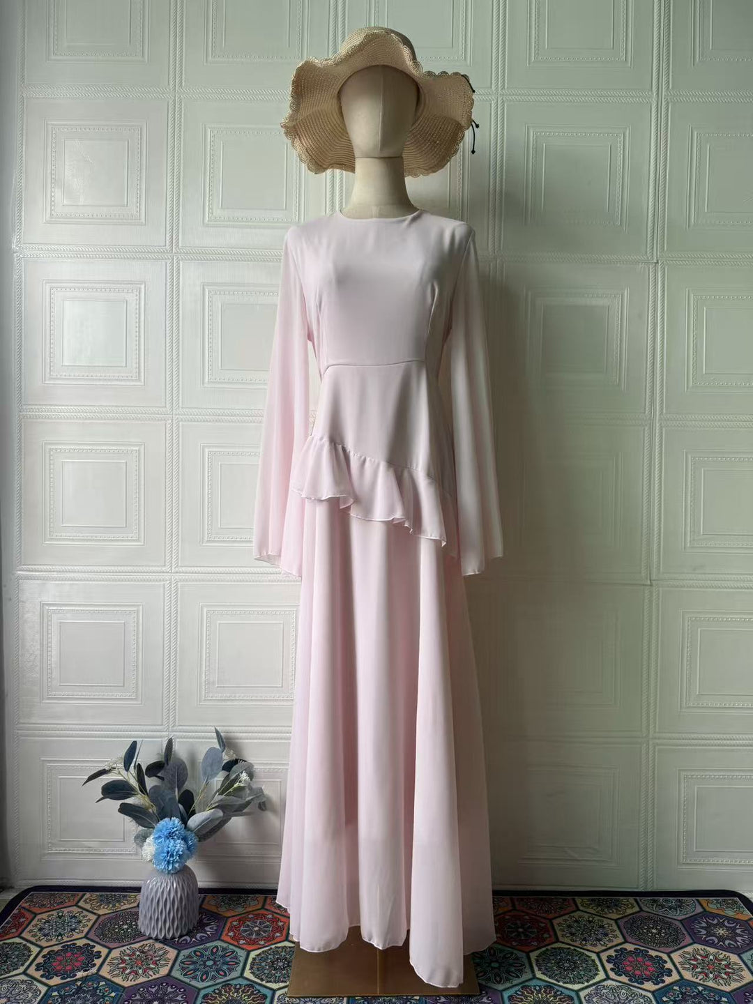 Celeste chiffon maxi dress with a back tie and ruffle detail