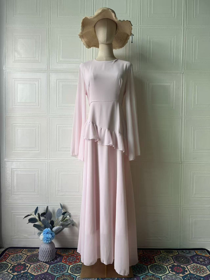 Celeste chiffon maxi dress with a back tie and ruffle detail