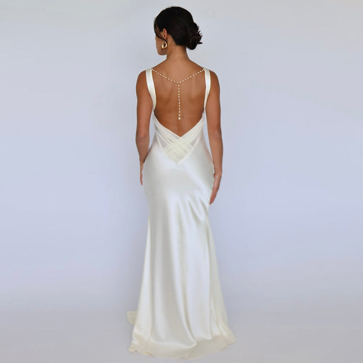Milia elegant satin maxi dress with a pearl chain at the back