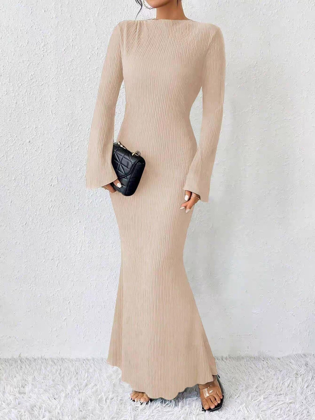 שמלת מקסי בד כיווצים שרוולים נפתחים - Stella