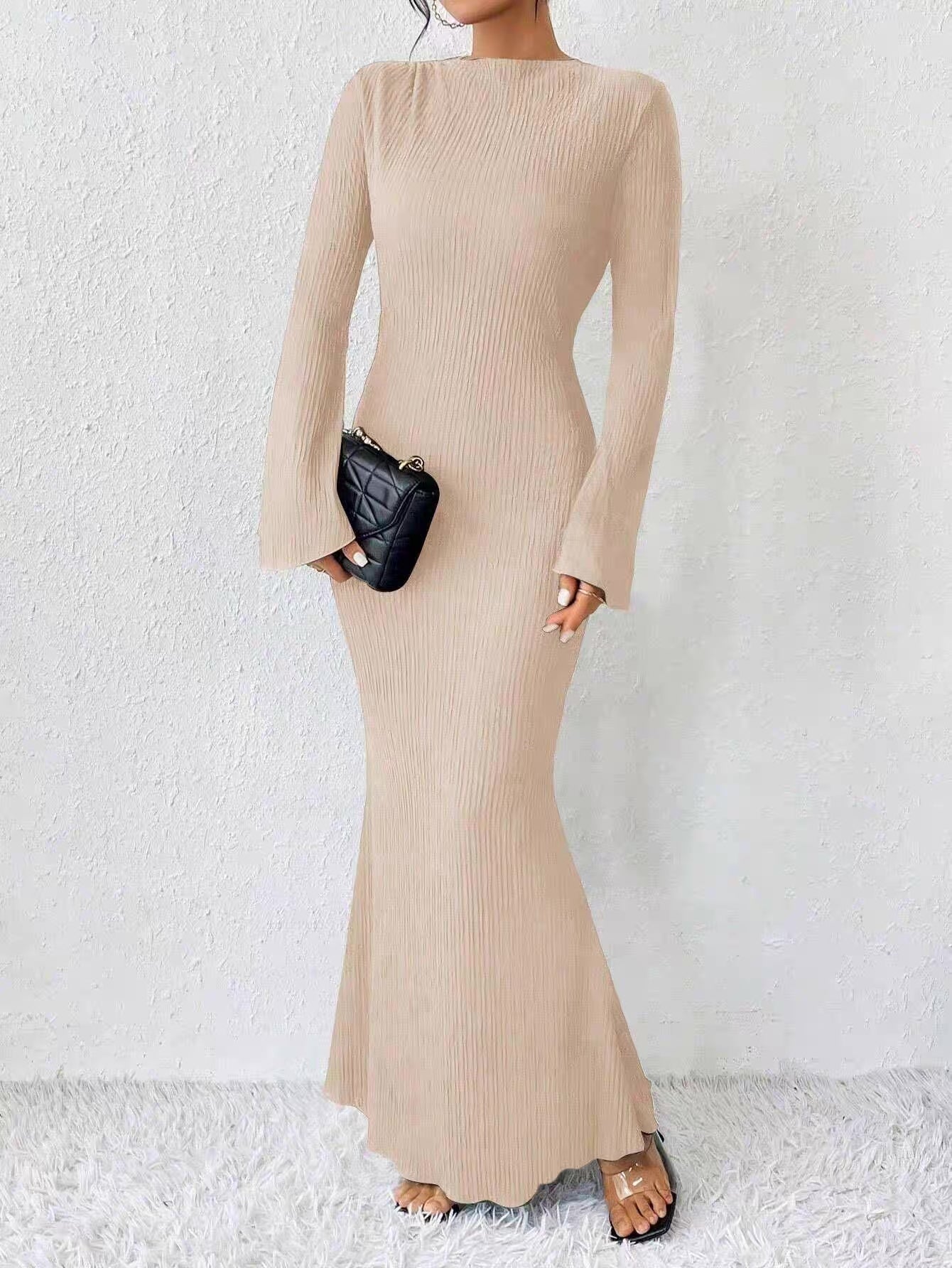 שמלת מקסי בד כיווצים שרוולים נפתחים - Stella