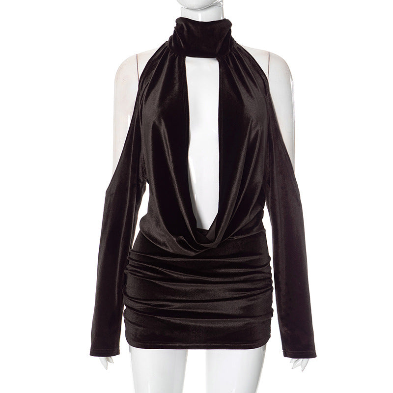 שמלת מיני קטיפה בעיצוב פתחים צווארון גולף - Palmer