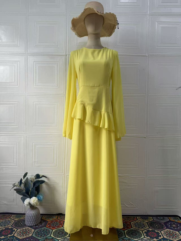 Celeste chiffon maxi dress with a back tie and ruffle detail