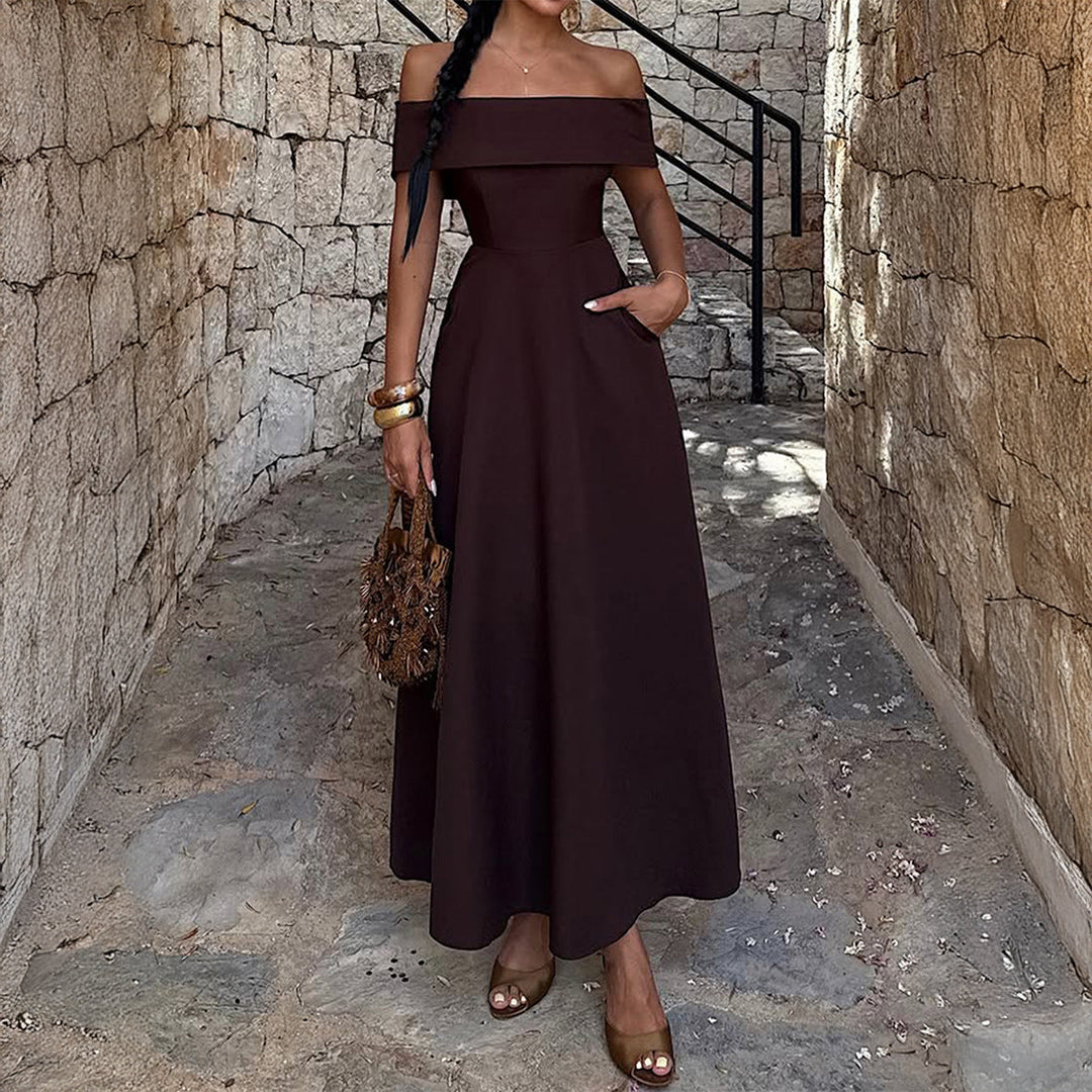 A-line midi dress with an off-the-shoulder design and pockets - HINES