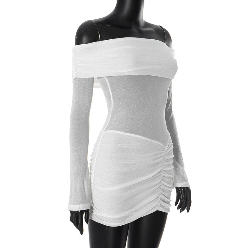 שמלת מיני נצנצים בעיצוב כיווצים כתפיים חשופות - Kiara