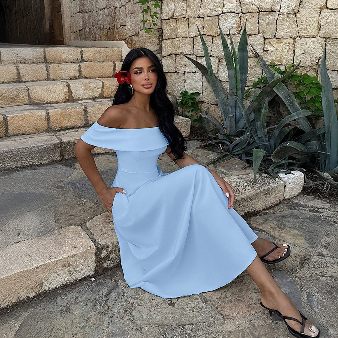 A-line midi dress with an off-the-shoulder design and pockets - HINES