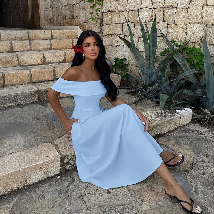 A-line midi dress with an off-the-shoulder design and pockets - HINES