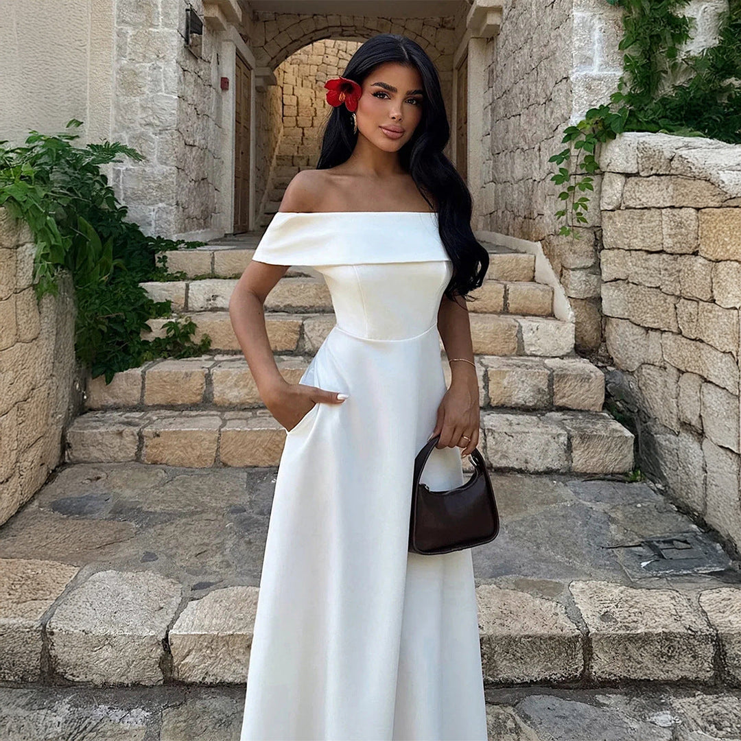 A-line midi dress with an off-the-shoulder design and pockets - HINES