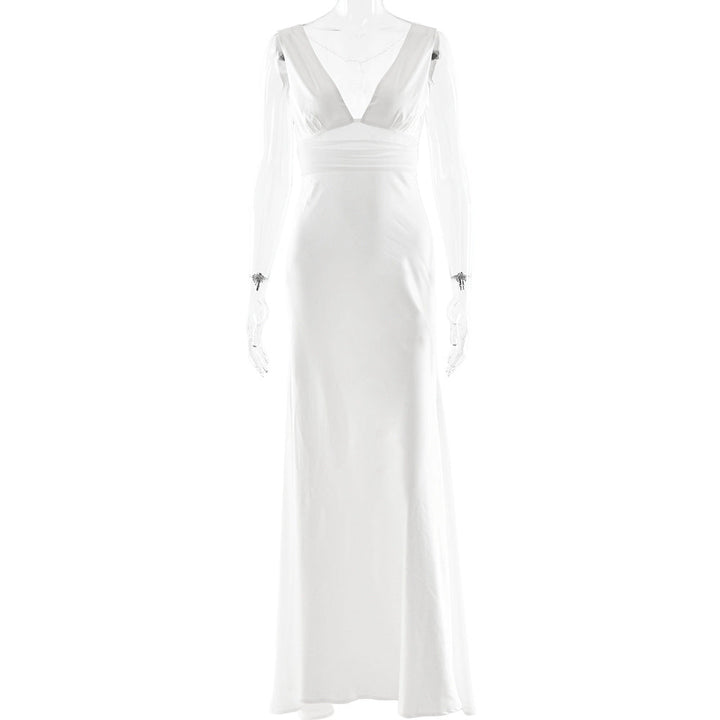 Milia elegant satin maxi dress with a pearl chain at the back