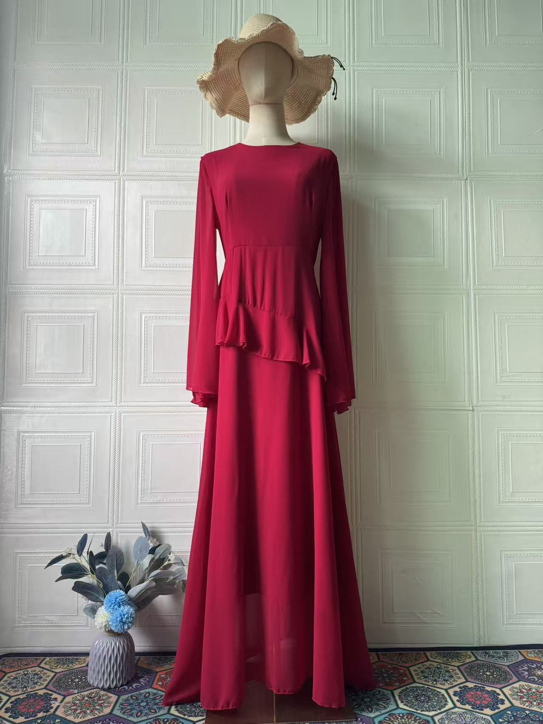 Celeste chiffon maxi dress with a back tie and ruffle detail