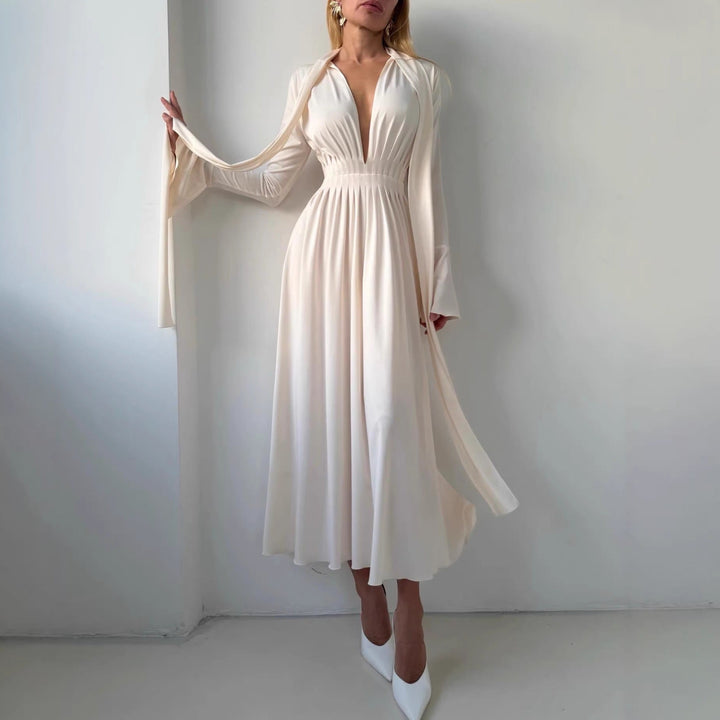 KIARA satin maxi dress with a corset and scarf design