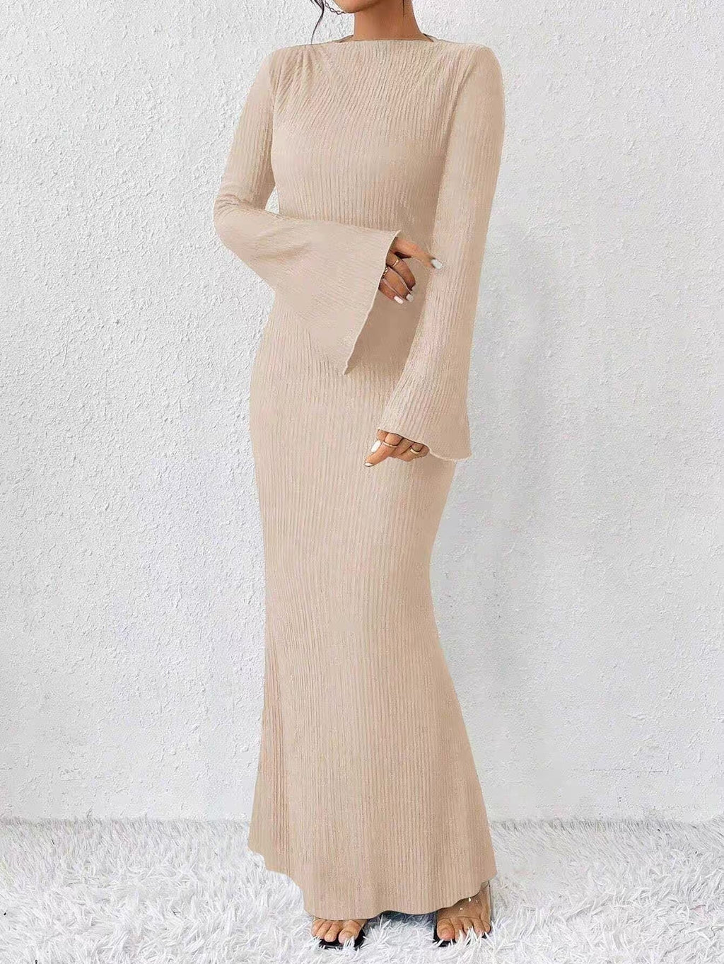 שמלת מקסי בד כיווצים שרוולים נפתחים - Stella