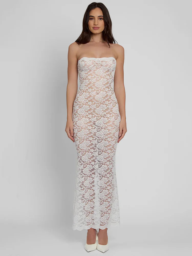 שמלת מקסי סטרפלס תחרה בעיטור צעיף תואם - MOON