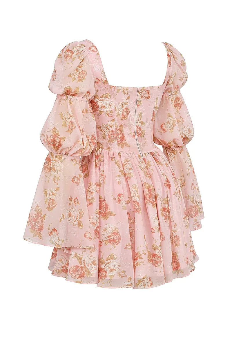 שמלת מיני שיפון פרחונית בגזרת A שרוולי פעמון - פלורנסיה