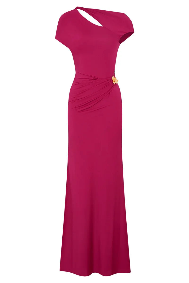 שמלת מקסי אלגנטית בעיצוב כיווצים פתח ושרוול אחד בעיטור אבזם - אגטה