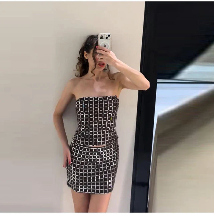 Strapless top/mini skirt/maxi dress/maxi dress with sparkling rhinestones