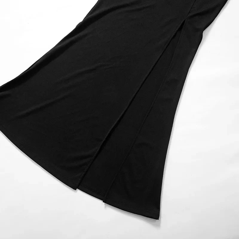 Asymmetrical maxi evening dress with deep slit and one sleeve - Eva