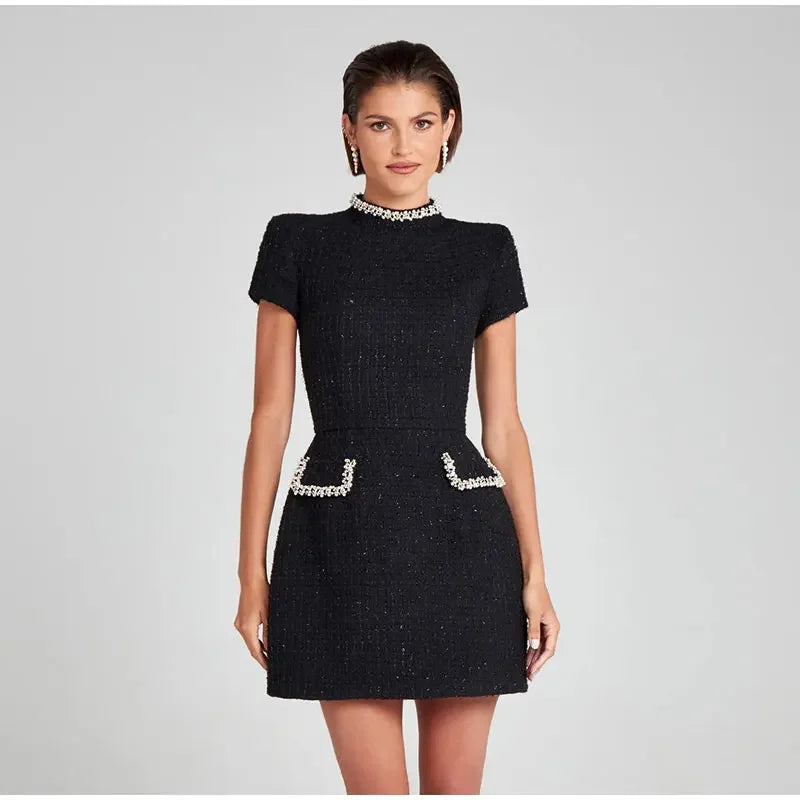 שמלת מיני אלגנטית שרוול קצר/ארוך סגנון מחויט בד ארוג בעיטור נצנצים ופנינים - Lucia