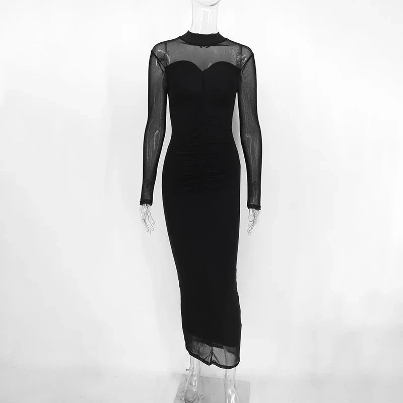 שמלת מקסי כיווצים בד מחטב ומחמיא בעיצוב רשת - Amelia