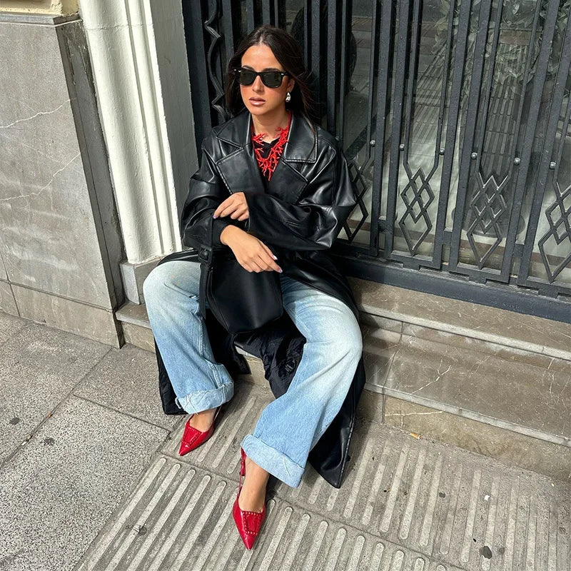 מעיל עור ארוך בשילוב חגורת קשירה - סול