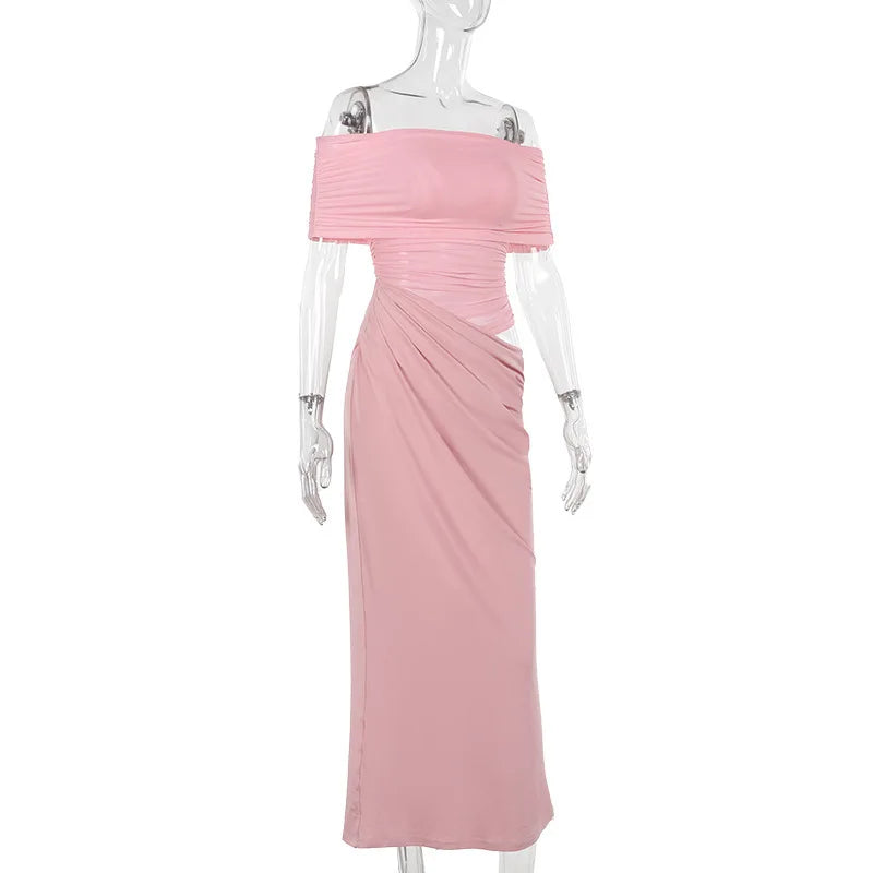 שמלת מקסי כיווצים בעיצוב רשת וכתפיים חשופות - קשת