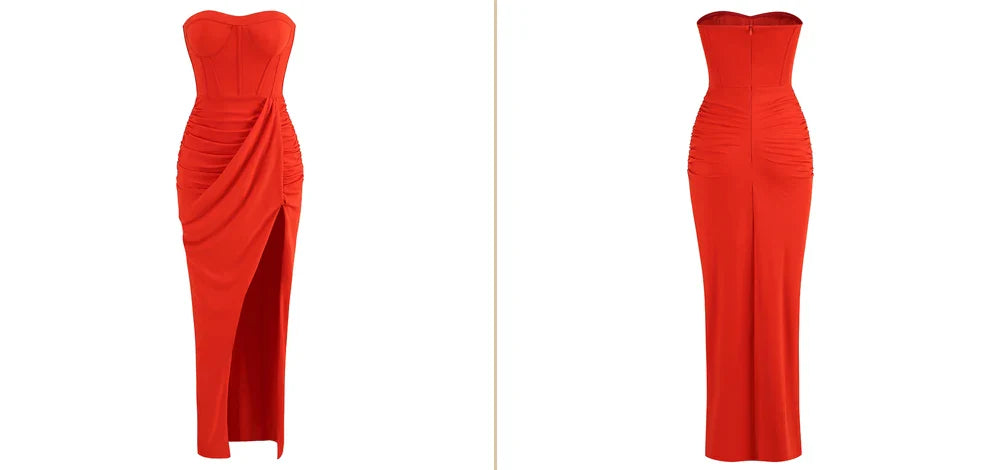 שמלת מקסי סטרפלס שסע עמוק - ג'ודי