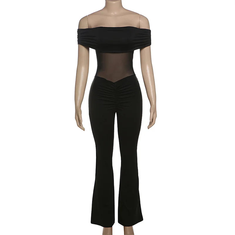 אוברול בד מחטב בעיצוב רשת וכתפיים חשופות מכנסי פדלפון - מאיילין