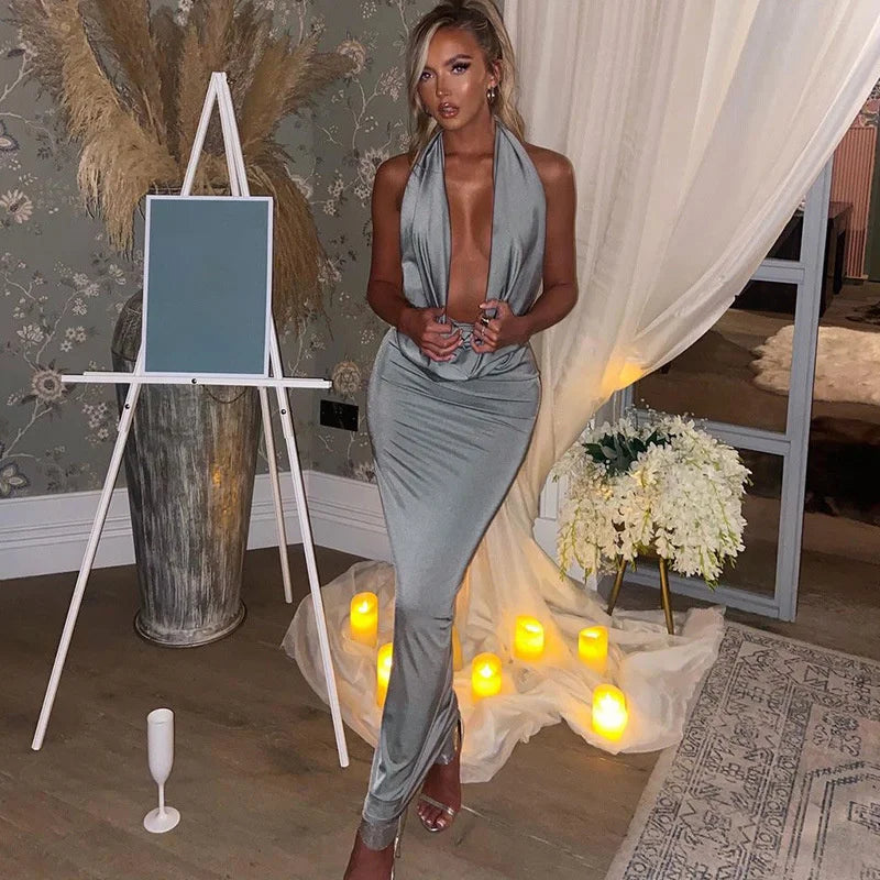 שמלת מקסי סאטן צווארון נופל גב פתוח - HOTIE