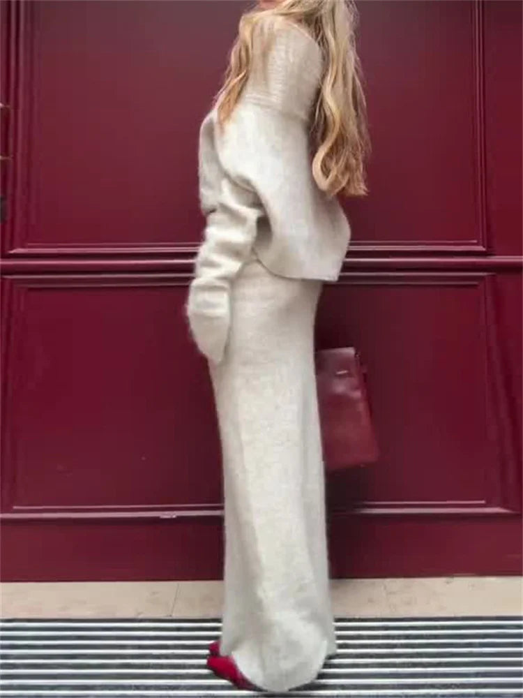 סט סריג שני חלקים חולצת כתפיים חשופות וחצאית מקסי - אילונה