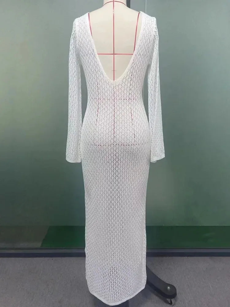 שמלת מקסי חוף סרוגה גב פתוח בעיטור סיכות פנינים - Lina