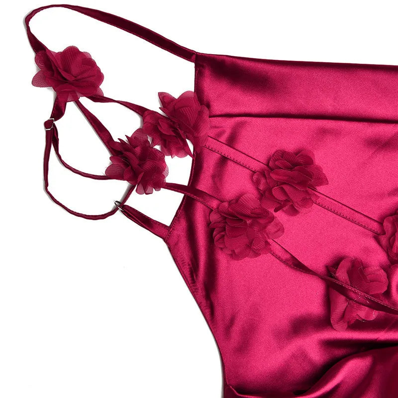 שמלת מקסי סאטן בעיטור רצועות פרחים בגב - ולנסיה