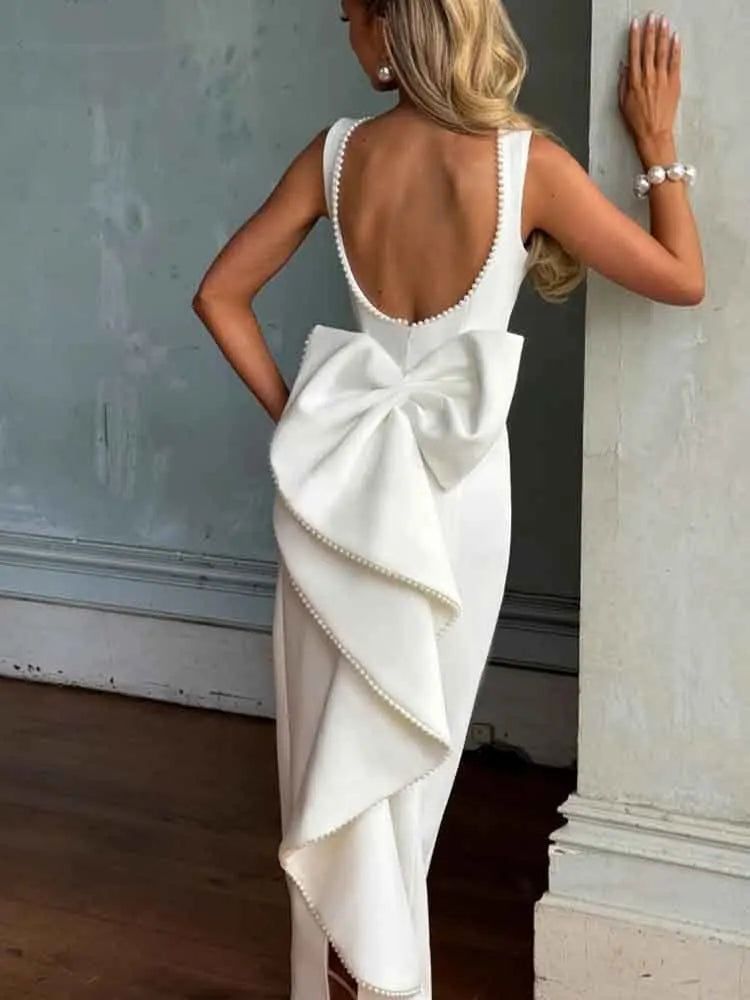 שמלת מקסי בעיצוב אלגנטי יוקרתי בעיטור פפיון ופנינים גב פתוח - קריסטין