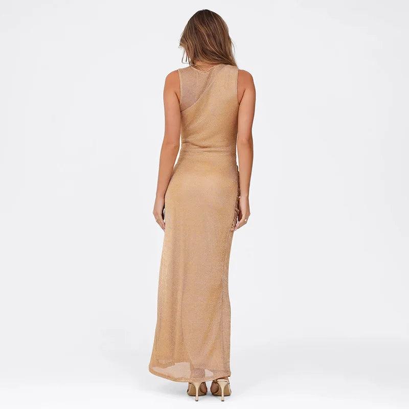 שמלת מקסי רשת נצנצים בעיצוב כיווצים וקשירה בעיטור שסע - August