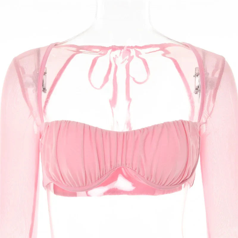 סט (חלק/נצנצים) שני חלקים חצאית מיני כיווצים בעיטור מלמלה וטופ שרוולי רשת - MICHEL