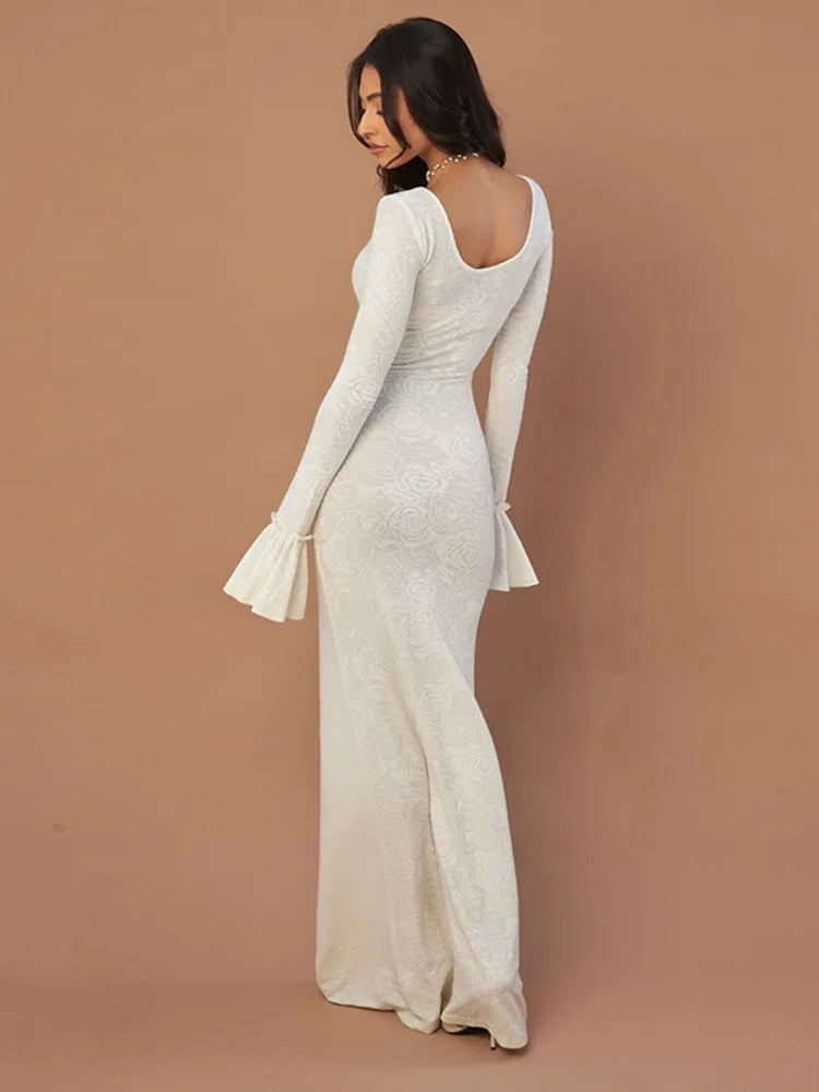 שמלת מקסי בעיטור רקמת פרחים שרוולי פעמון - הלן