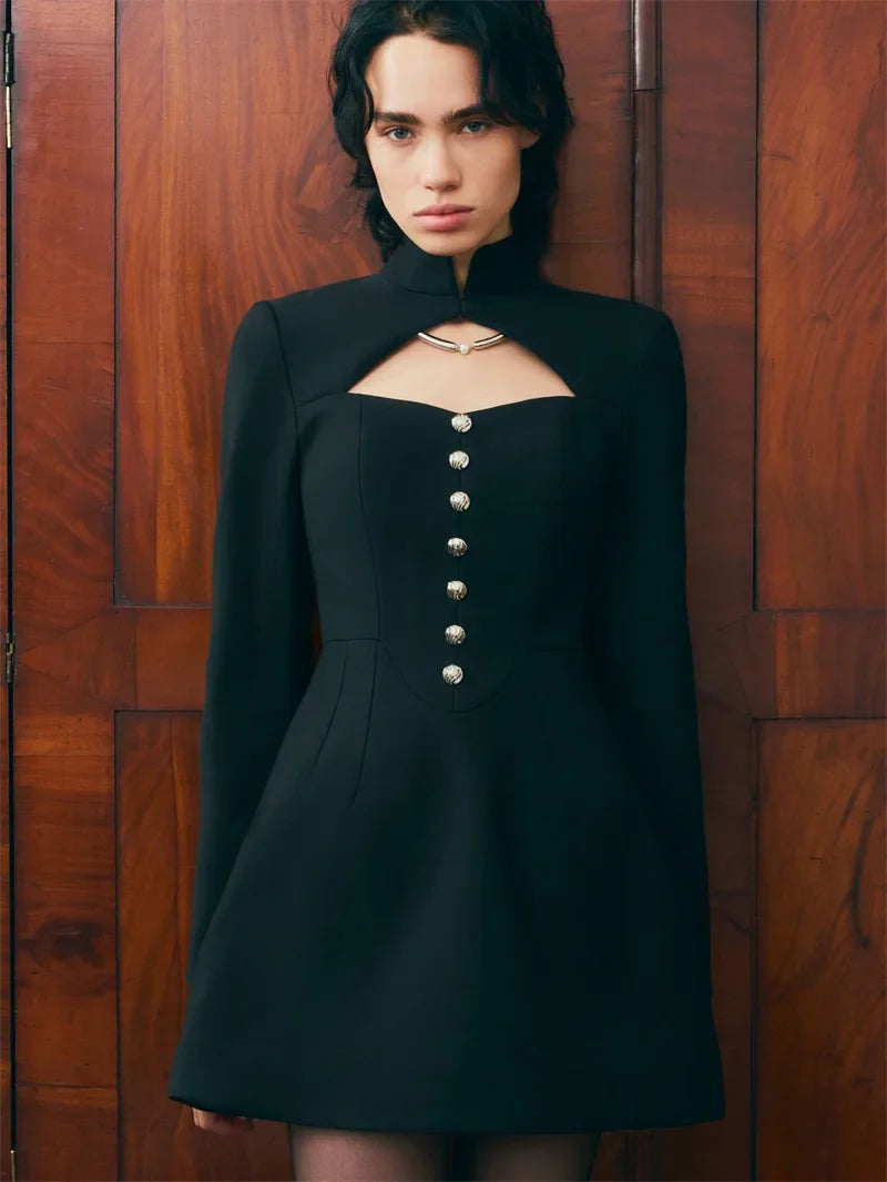 A-line tailored turtleneck mini dress with button detail - Mary Lane