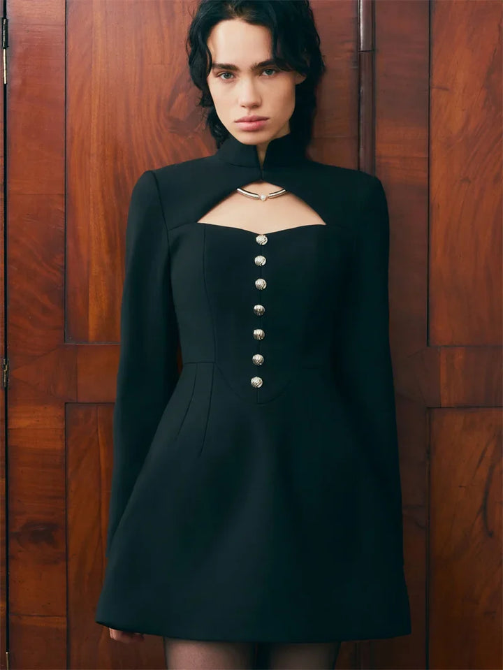 A-line tailored turtleneck mini dress with button detail - Mary Lane