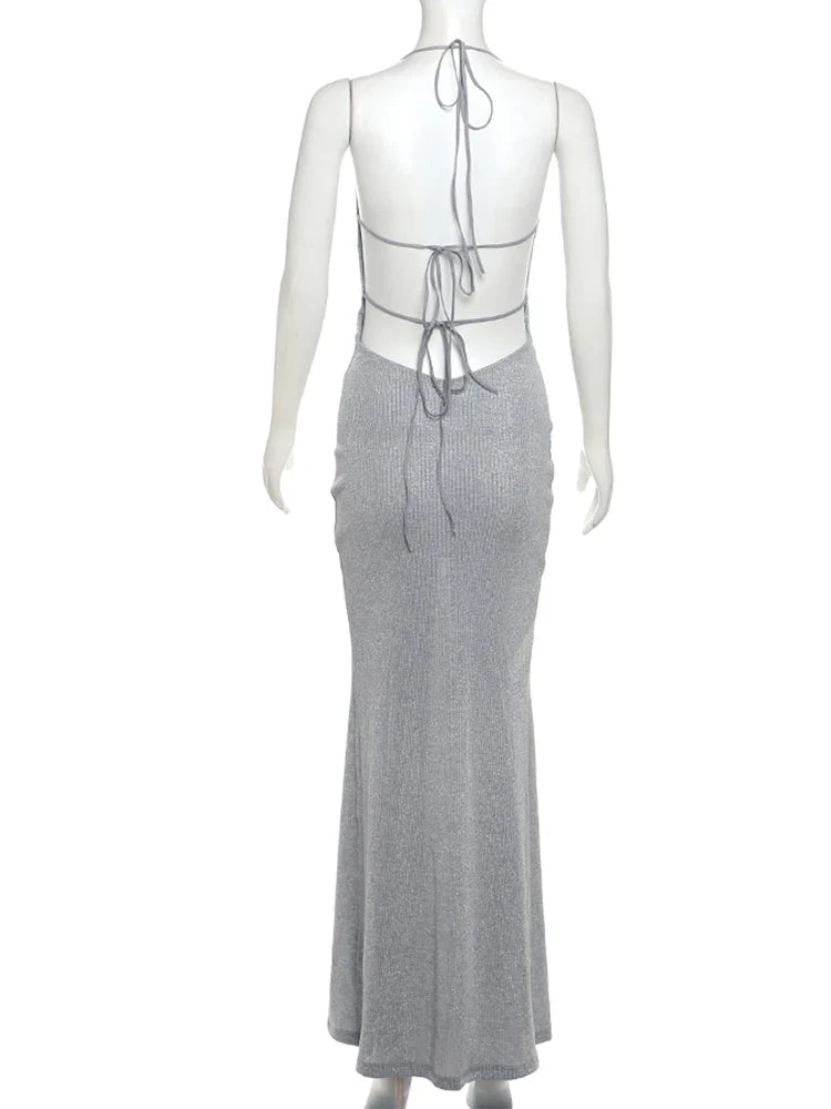 שמלת מקסי נצנצים סרוגה צווארון נופל גב פתוח - Gracie