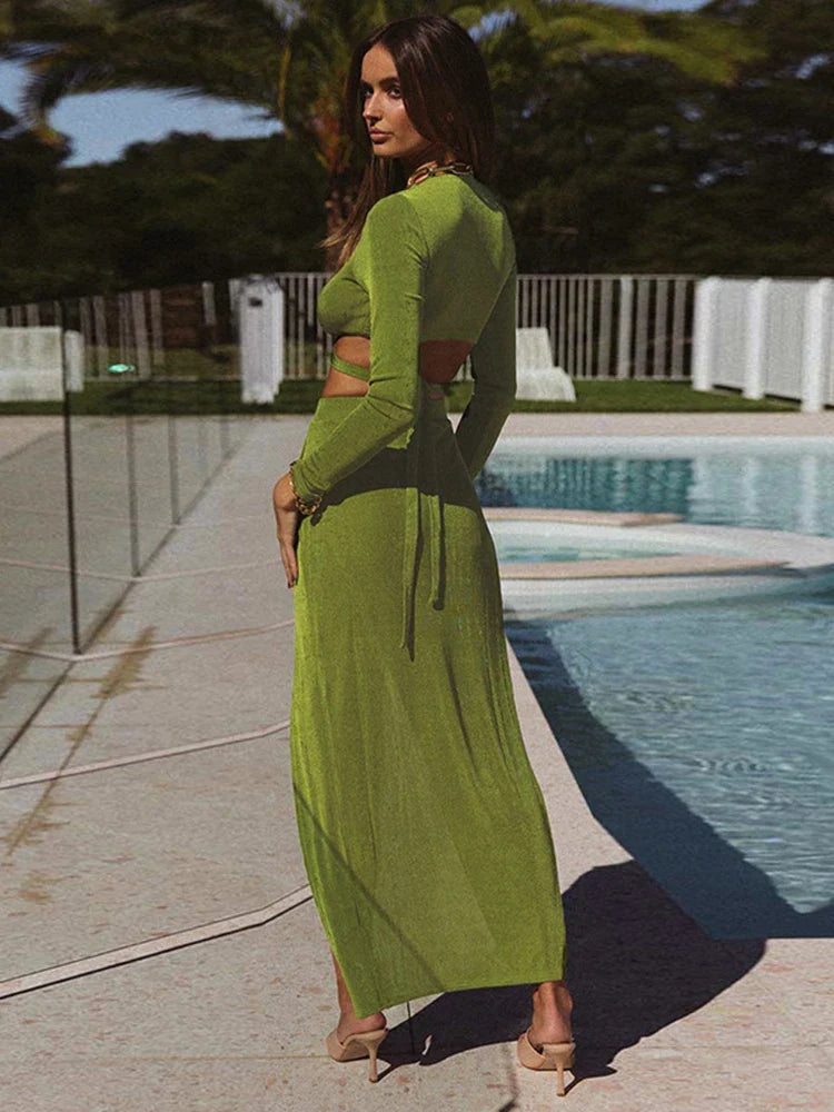 סט שני חלקים במראה מבריק חצאית מקסי שסע וחולצת קשירה - טוסקנה