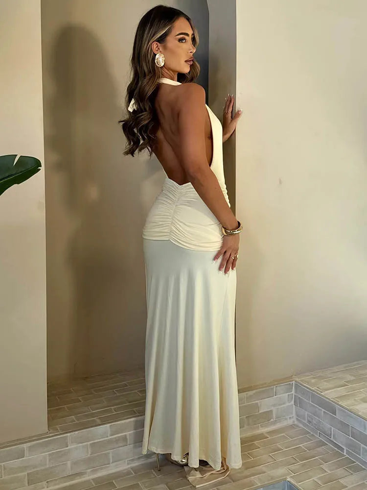 שמלת מקסי בעיצוב מחשוף V עמוק גב פתוח ושסע קדמי בעיטור שובלים וכיווצים - וונדה