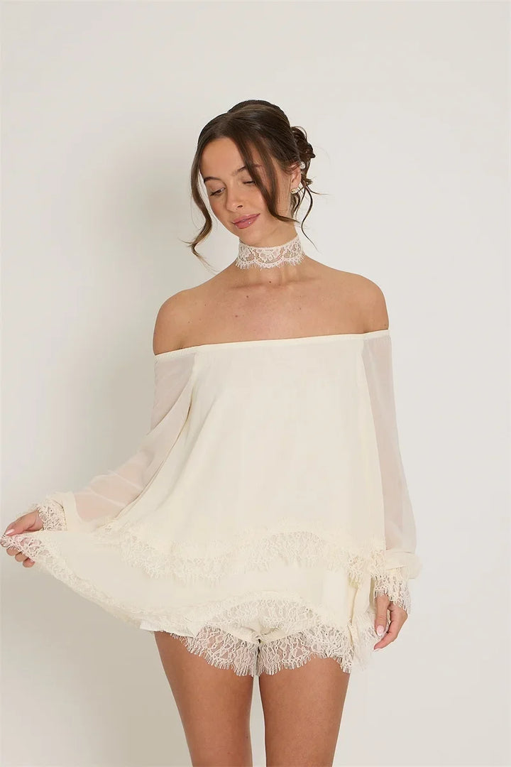 Off-the-shoulder mini dress with lace trim and matching shorts - Mali