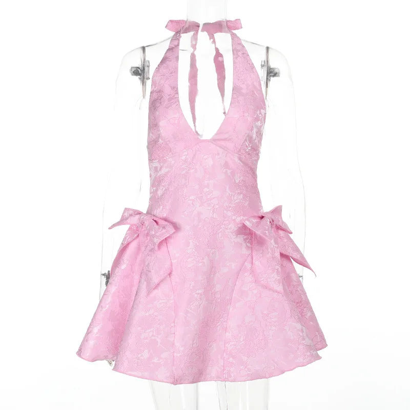 שמלת מיני בגזרת A קשירה בצוואר בעיצוב רקמת איורי פרחים בעיטור פפיונים - קרולינה