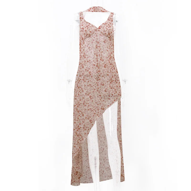 שמלת מקסי פרחונית גב פתוח שסע בתוספת צעיף - אליי