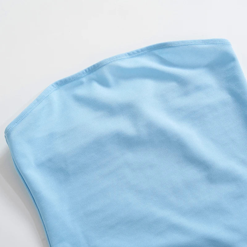 שמלת מיני סטרפלס צמודה בעיטור מלמלה - בלו