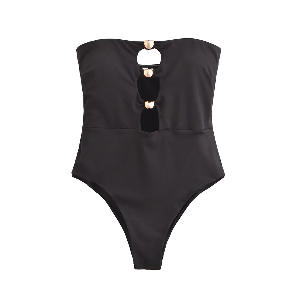 בגד ים שלם סטרפלס בעיצוב אבזמי לב זהב ופתחים - חושן