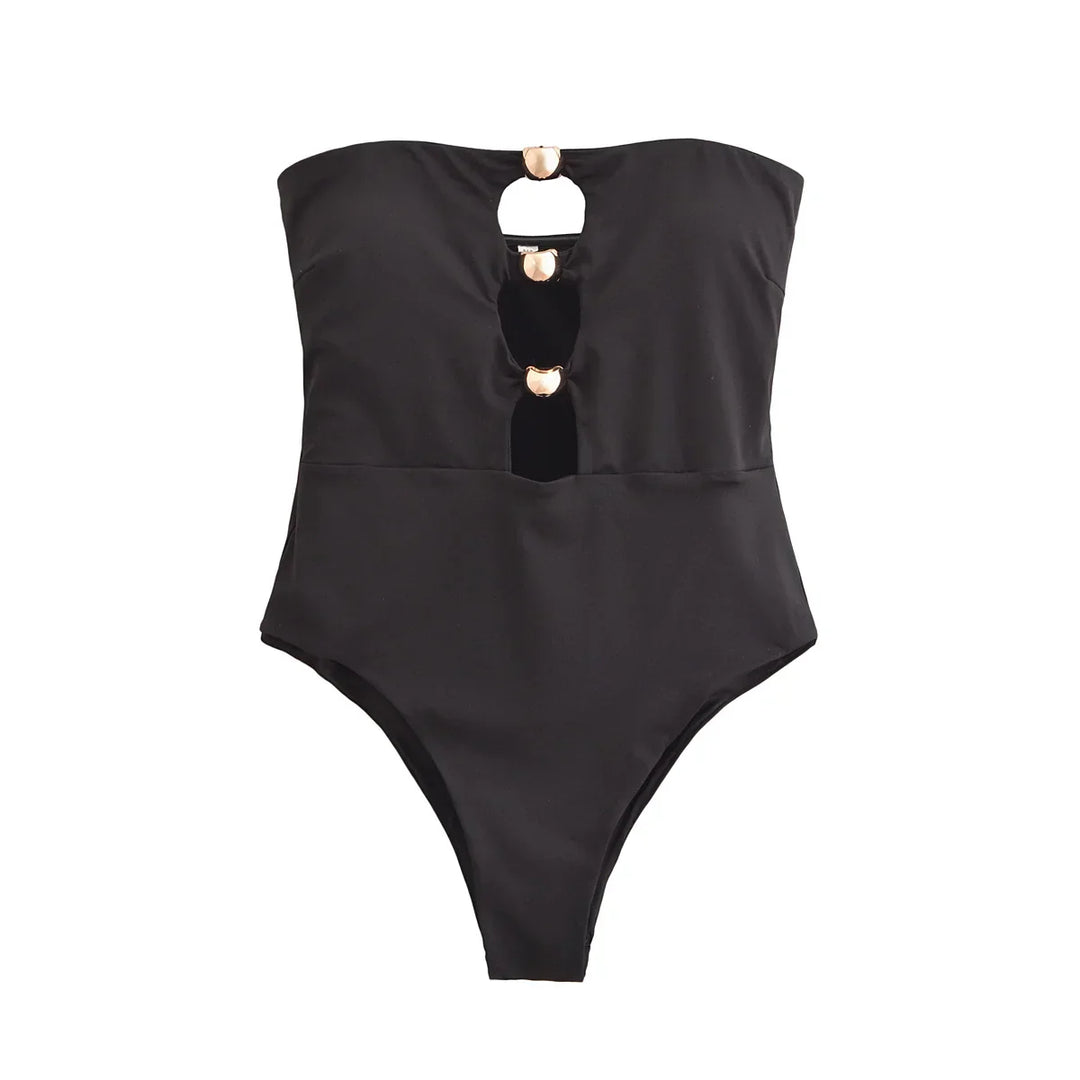 Strapless one-piece swimsuit with gold heart buckles and openings - Choshen 