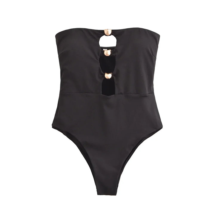 Strapless one-piece swimsuit with gold heart buckles and openings - Choshen 