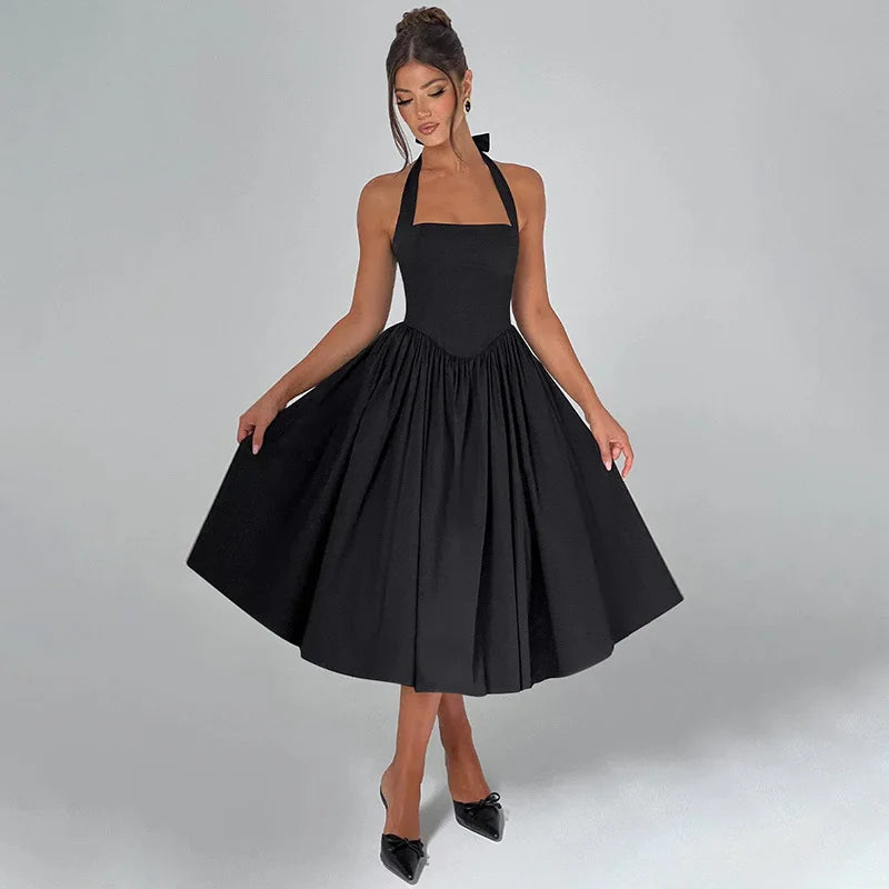 שמלת מידי בגזרת A גב פתוח קשירה בצוואר - Angie