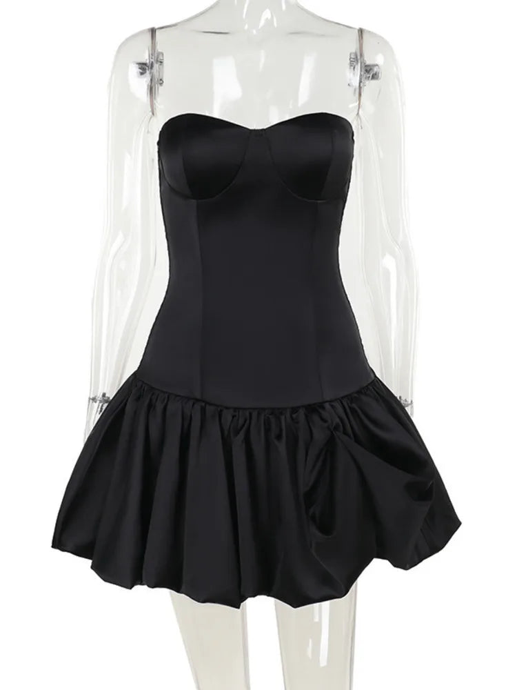 שמלת מיני סאטן סטרפלס בעיצוב בלון כיווצים - BELLEN